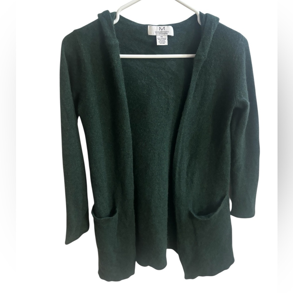 Magaschoni Dark Green 100% Cashmere Hooded Cardigan Sweater